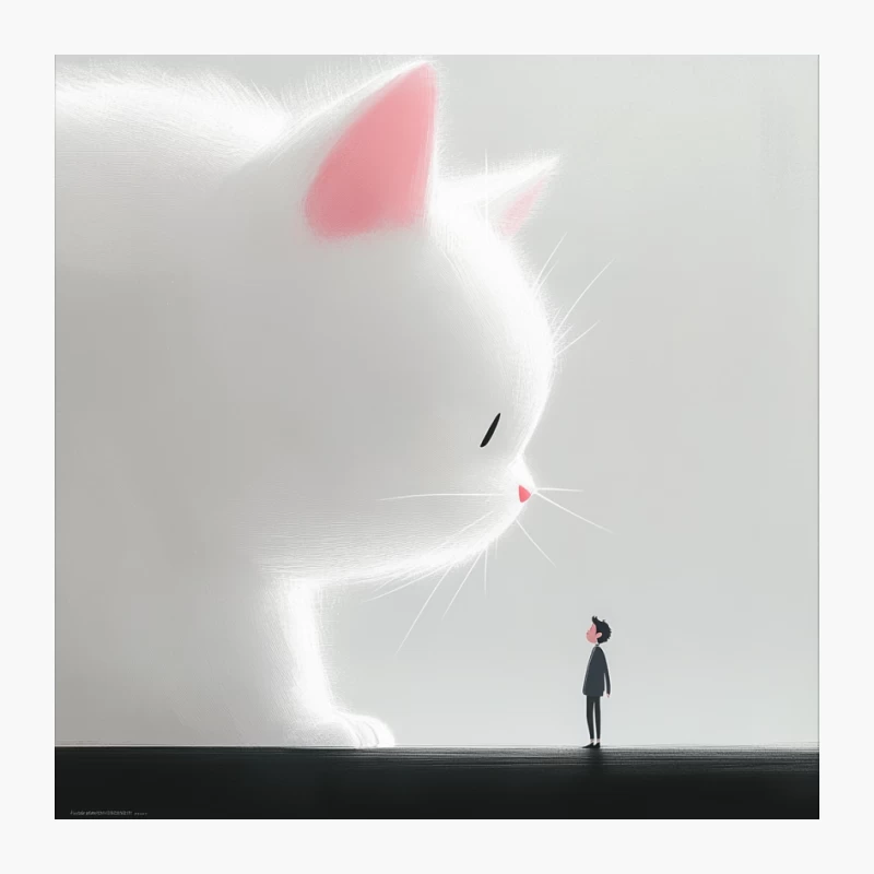 Surreal Encounter: Giant White Cat Meets Miniature Person Pin