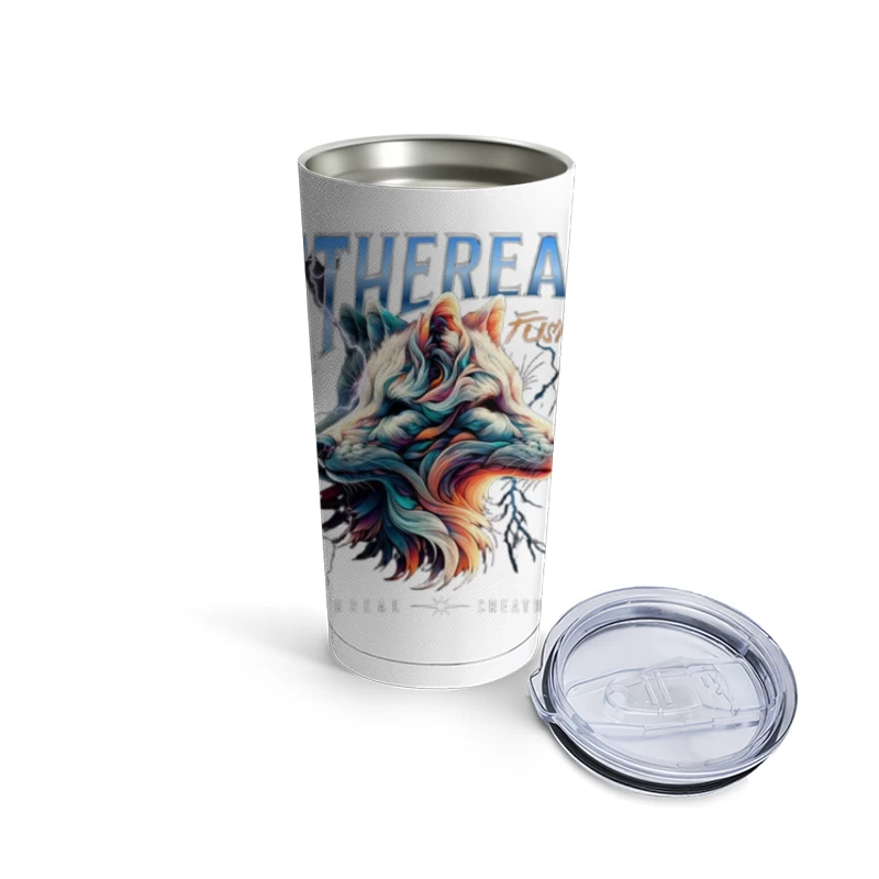 Ethereal Wolf Spirit with Lightning - Abstract Digital Art Travel Mug