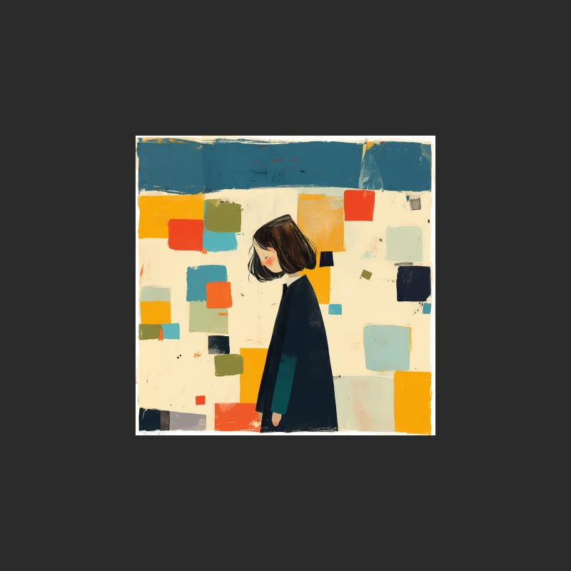 Minimalist Illustration of Figure in Black Coat Against Colorful Abstract Squares Baseball Cap