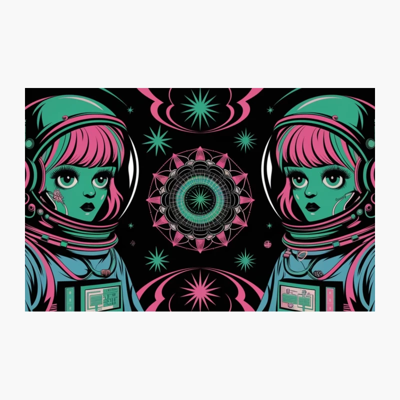 Psychedelic Retro Space Twins: A Symmetrical Cosmic Illustration Travel Mug