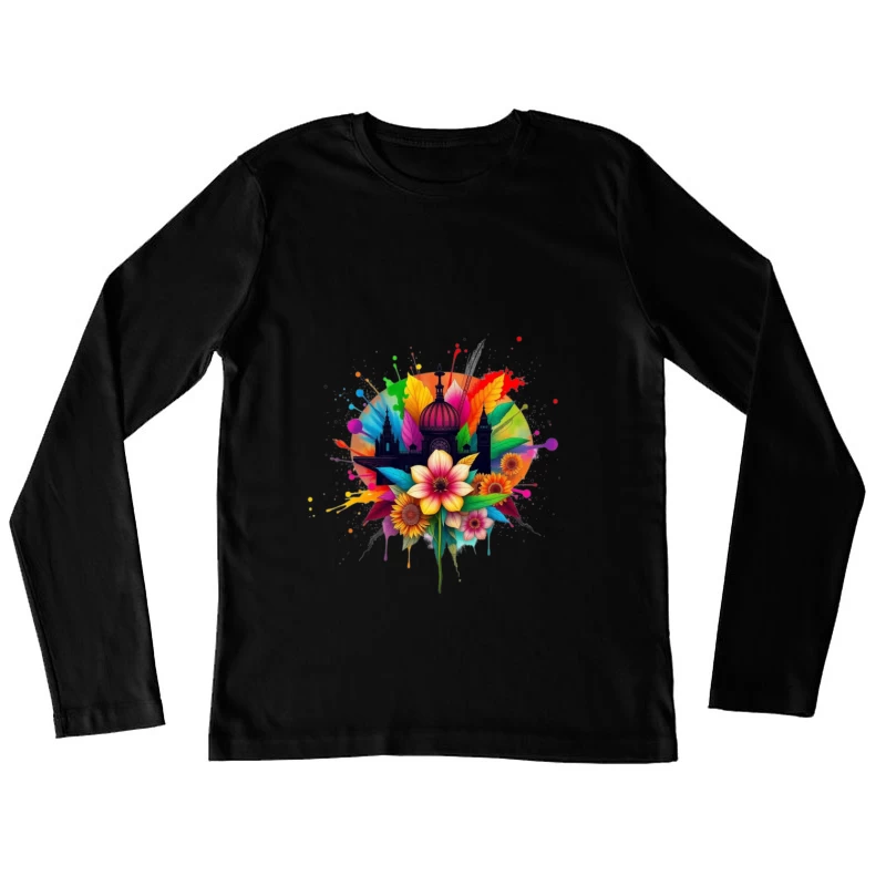 Vibrant Cathedral Silhouette with Rainbow Floral Splash Female Long Sleeve T-Shirt