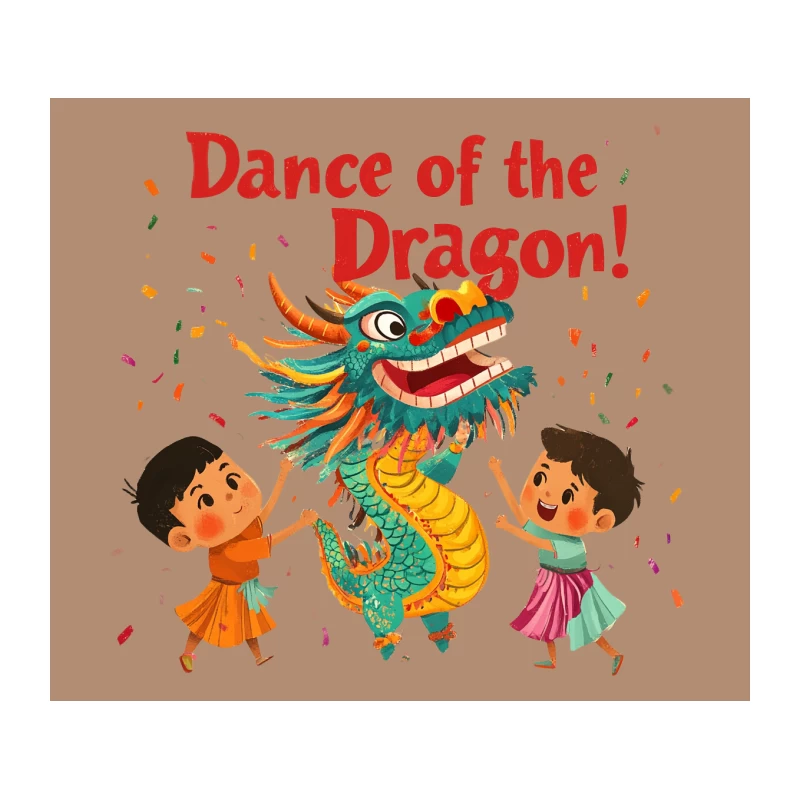 Joyful Children Celebrate Chinese Dragon Dance in Colorful Festive Illustration Tapestry