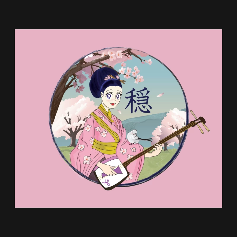 Anime Geisha Girl playing a Japanese Shamisen with Shima Enaga Mouse Pad