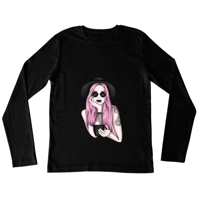 Stylish Woman with Pink Hair and Sunglasses Female Long Sleeve T-Shirt