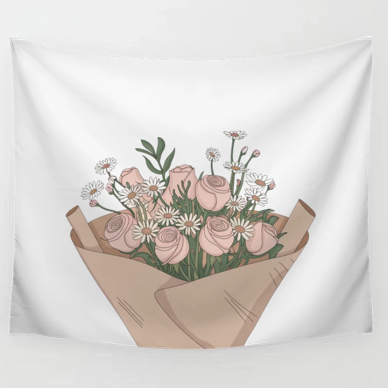 Hand-Drawn Pastel Flower Bouquet with Roses and Daisies Tapestry