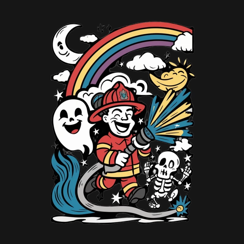cartoon illustration firefighter rainbow ghost skull colorful whimsical Male T-Shirt