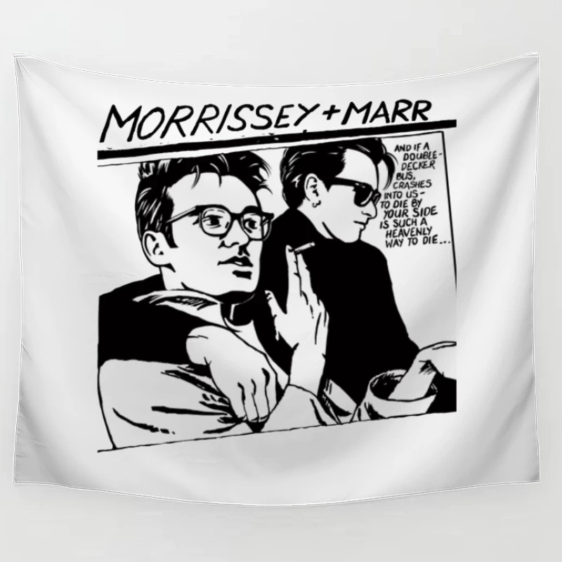 Black and White Comic Style Portrait of Morrissey and Marr with Dark Humor Quote Tapestry