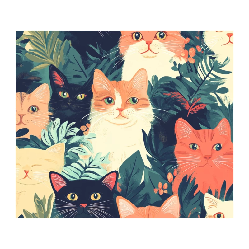Colorful Feline Faces in Tropical Foliage Illustration Tapestry