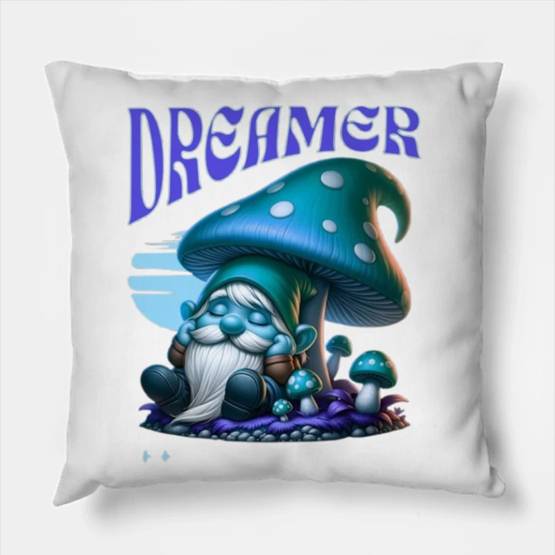 Dreaming Blue Gnome Under Magic Mushroom Throw Pillow