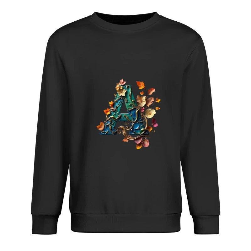 Ornate Teal Letter A with Autumn Floral Embellishments Male Pullover Sweatshirt