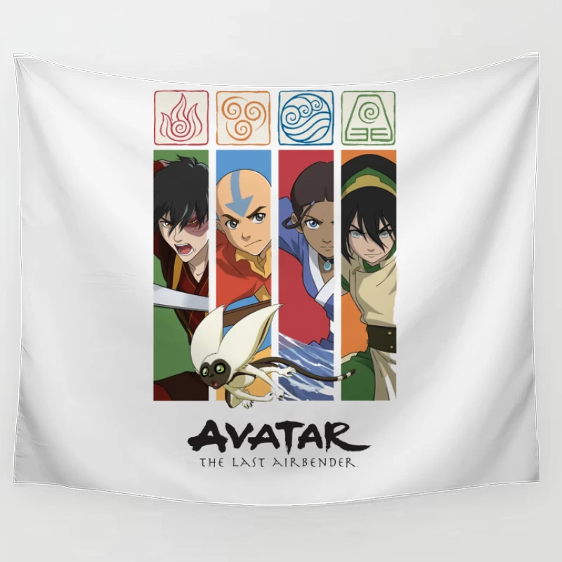 Avatar: The Last Airbender Character Panel with Elemental Symbols Tapestry