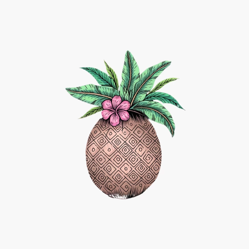 Tropical Pineapple Illustration with Hibiscus and Palm Leaves Cotton Tote Bag