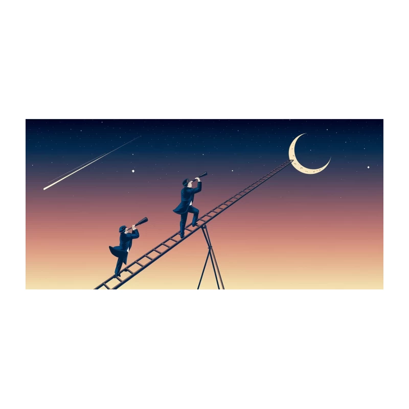 Stargazers' Ascent: Dreaming Beyond the Crescent Moon Tapestry