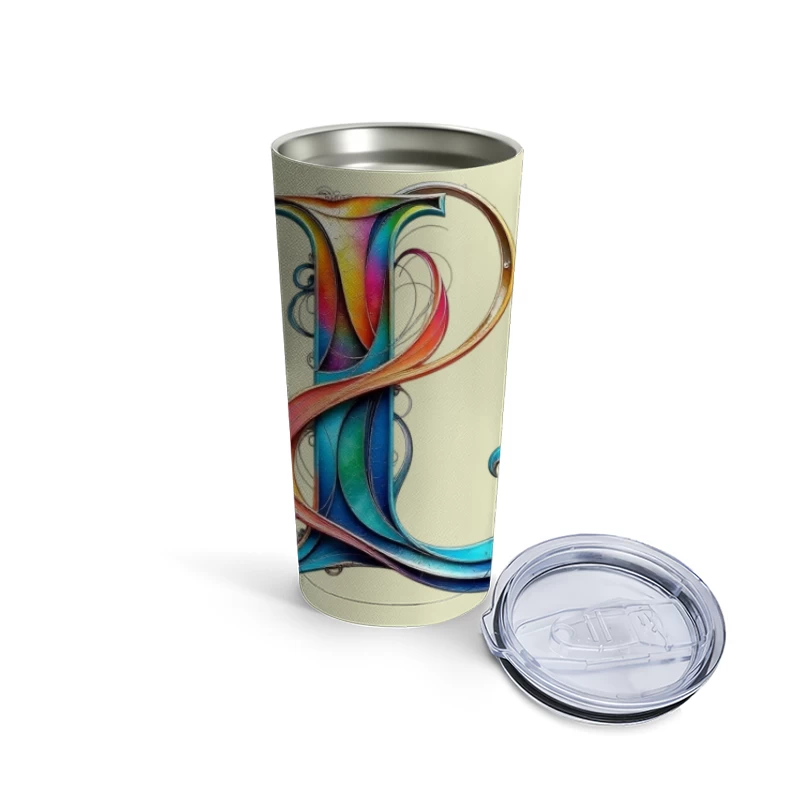 Ornate Rainbow Letter P with Decorative Swirls Travel Mug