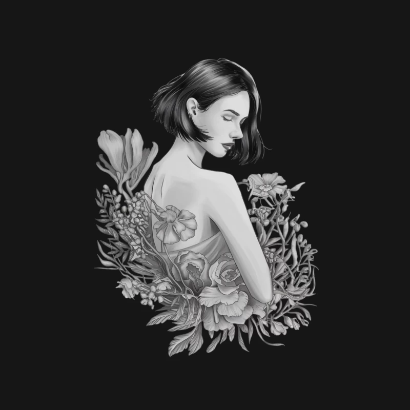 Artistic Black and White Portrait of Woman with Floral Elements Male Long Sleeve T-Shirt