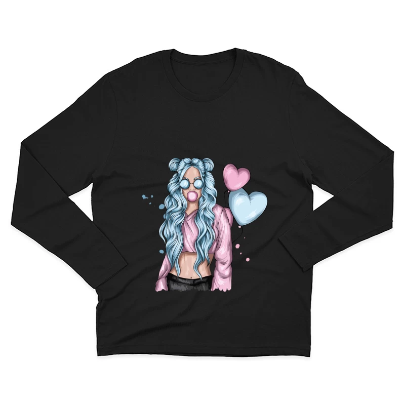 Girl with Blue Hair and Hearts Male Long Sleeve T-Shirt