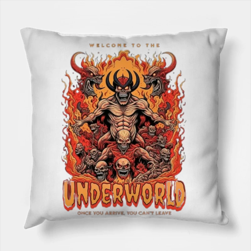 Welcome to the Underworld: Demonic Horror Art with Flaming Skulls Throw Pillow