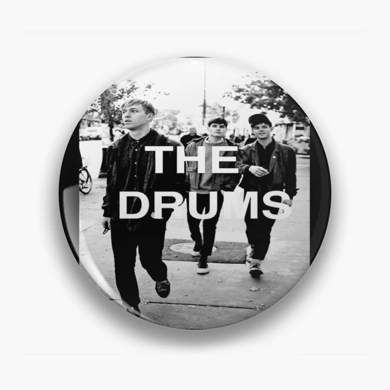 The Drums Band Members Walking on Street - Vintage Black and White Photo Pin