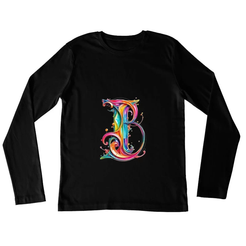 Ornate Rainbow Watercolor Letter B Typography Art Female Long Sleeve T-Shirt