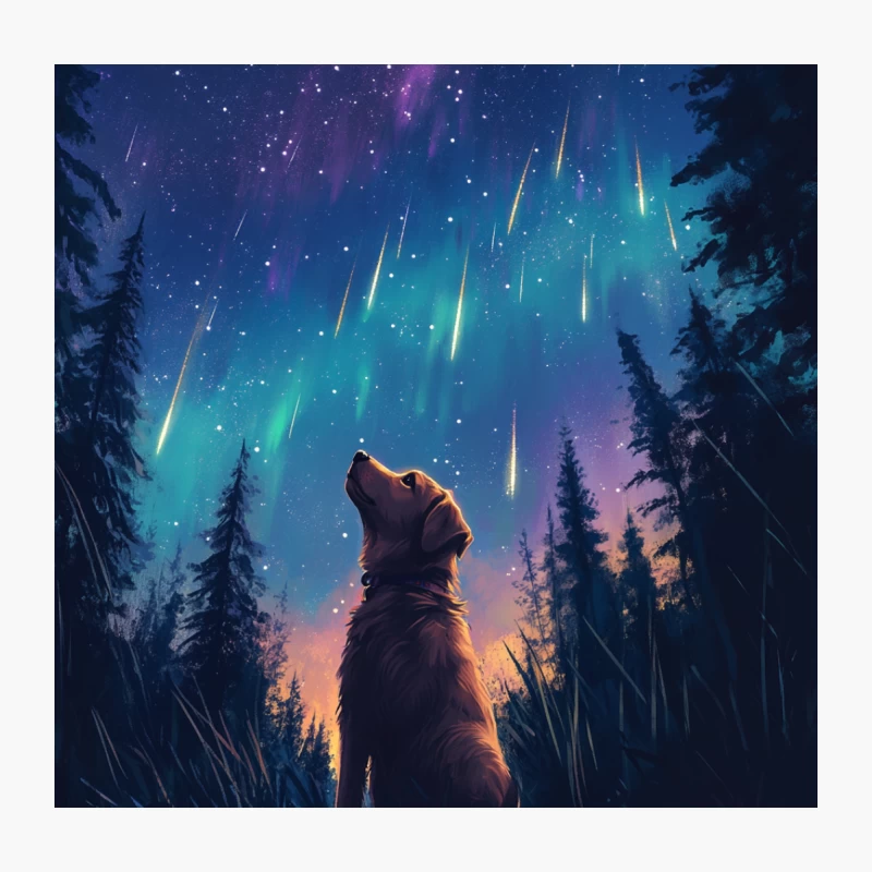 Stargazing Dog: A Canine's Wonder Under Meteors and Northern Lights Throw Pillow