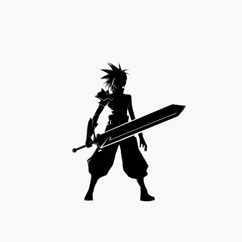 Spiky-Haired Anime Warrior Silhouette with Large Sword Cotton Tote Bag