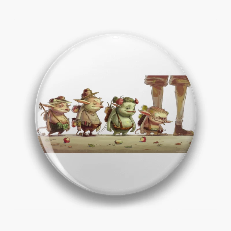 Whimsical Goblin Adventure: Cartoon Creatures and Fallen Apples Pin