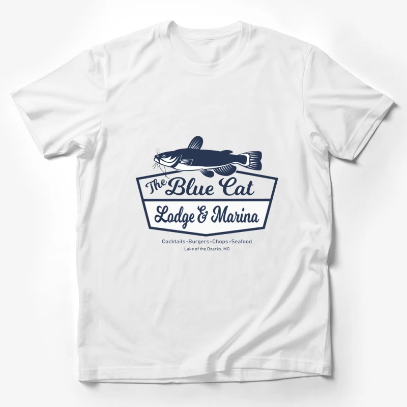 Blue Cat Lodge & Marina Restaurant Logo at Lake of the Ozarks Male T-Shirt