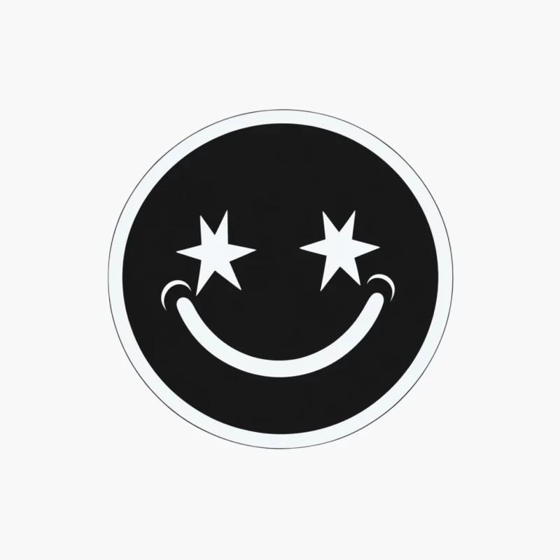 Black and White Circular Smiley Face Logo with Star Eyes Cotton Tote Bag