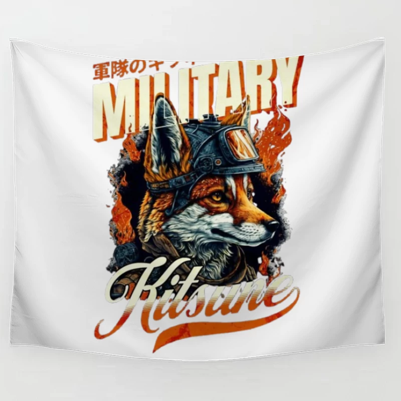 Military Fox: Japanese Vintage Style Helmet Design Tapestry