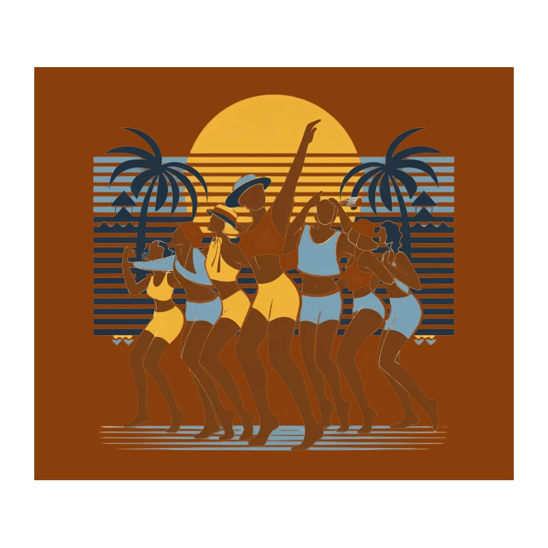 Retro Summer Beach Party with Dancing Women at Tropical Sunset Tapestry