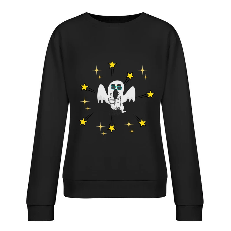 Cool Ghost Drinking Boba Tea with Stars Female Pullover Sweatshirt