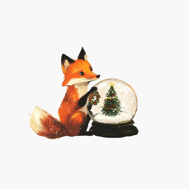 Cute Fox with Christmas Snow Globe Illustration Cotton Tote Bag