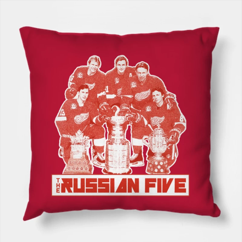 The Russian Five: Legendary Detroit Red Wings Hockey Unit with Championship Trophies Throw Pillow