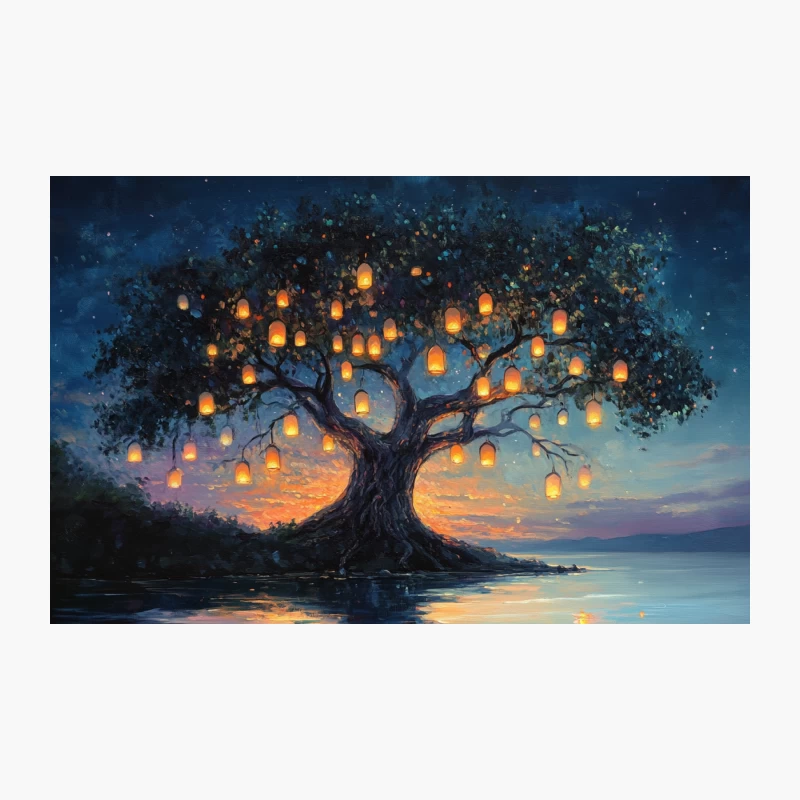 Magical Tree of Glowing Lanterns Reflected in Tranquil Waters Travel Mug