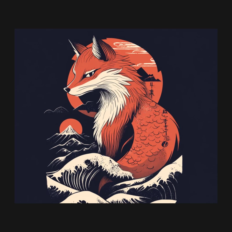 Mythical Fox in Japanese Sunset Waves Mouse Pad