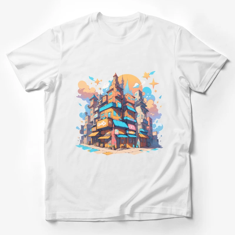 Colorful Urban Cityscape in Cartoon Style Male T-Shirt