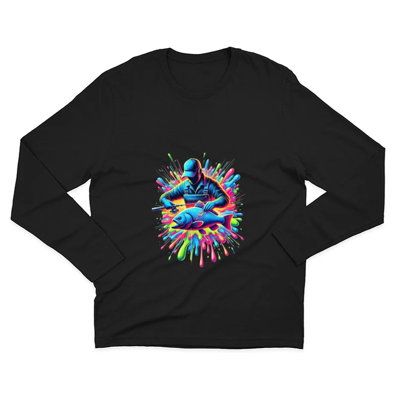 Neon Fishing Adventure Digital Art with Vibrant Color Splash Male Long Sleeve T-Shirt