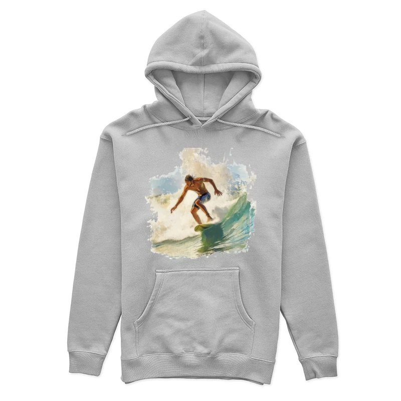 Dynamic Watercolor Surfer Riding Turquoise Wave Female Pullover Hoodie