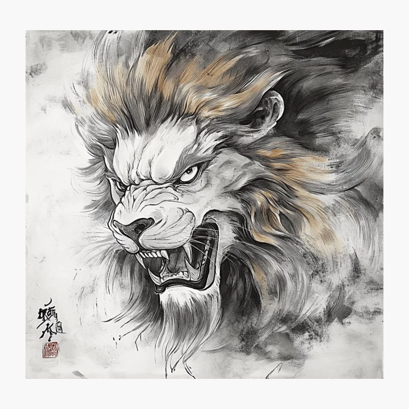 Fierce Roaring Lion: Artistic Monochrome Painting with Flowing Mane Throw Pillow