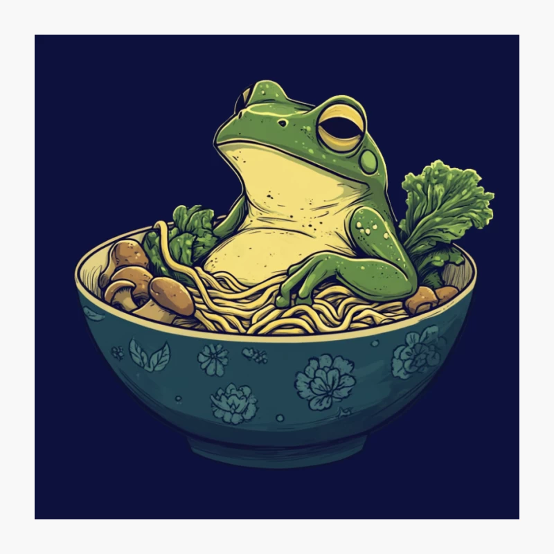 Whimsical Frog Lounging in Ramen Bowl Illustration Pin