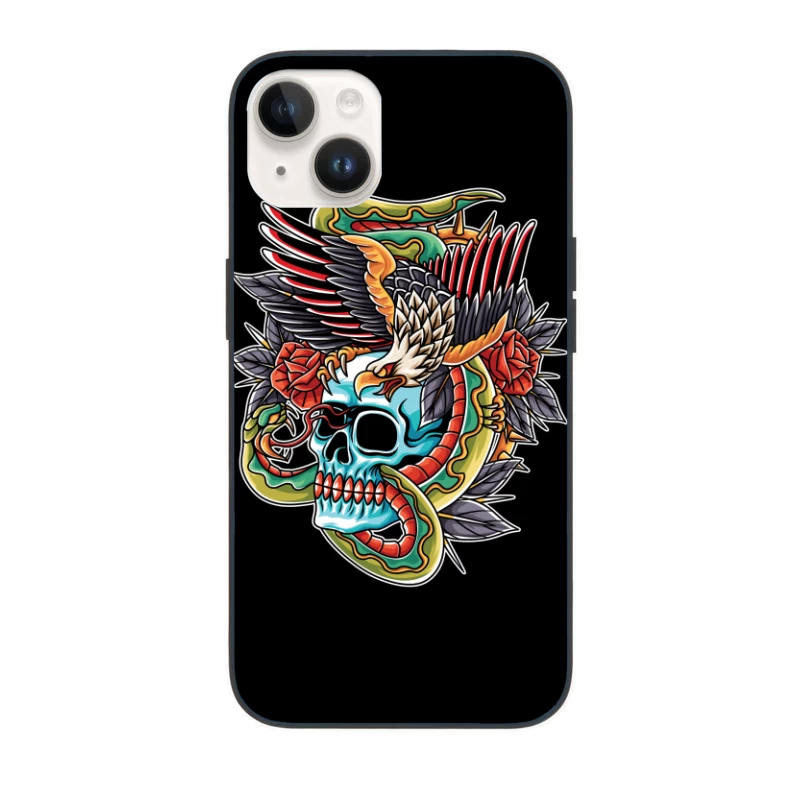 Colorful Tattoo Design Featuring a Skull, Eagle, and Snake iPhone Case