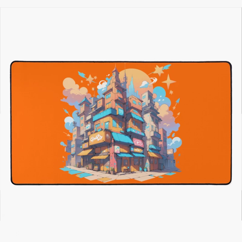 Colorful Urban Cityscape in Cartoon Style Desk Mat