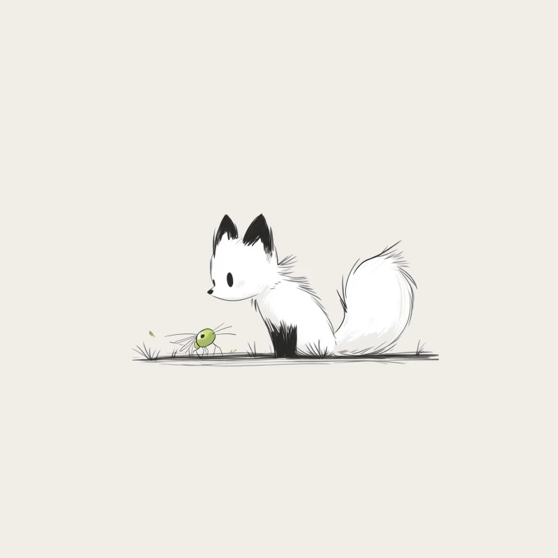 Cute Minimalist Fox and Bug Illustration in Black and White Bucket Hat