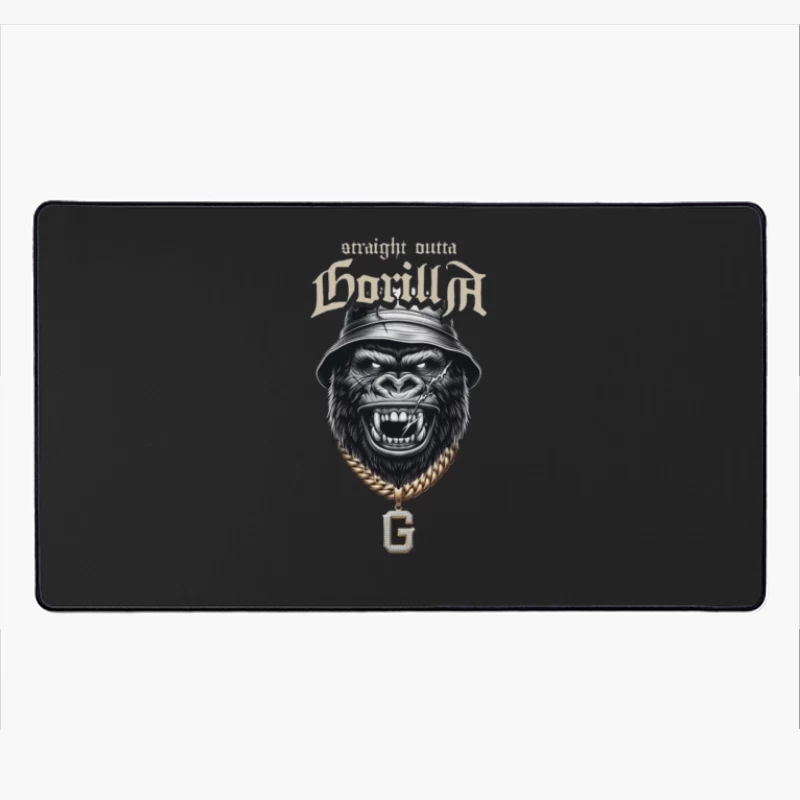 Aggressive Gorilla in Bucket Hat with Gold Chain Street Art Design Desk Mat