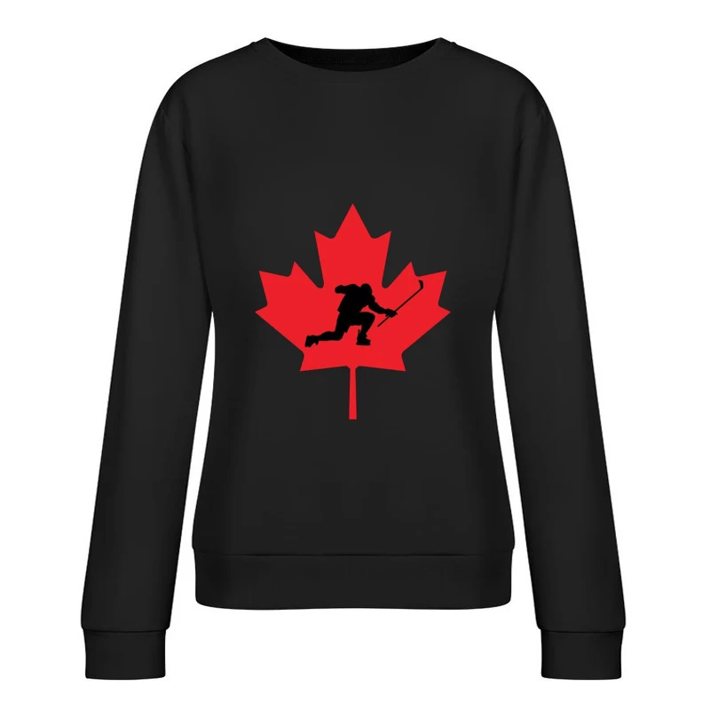 Canadian Hockey Player Silhouette on Red Maple Leaf Female Pullover Sweatshirt