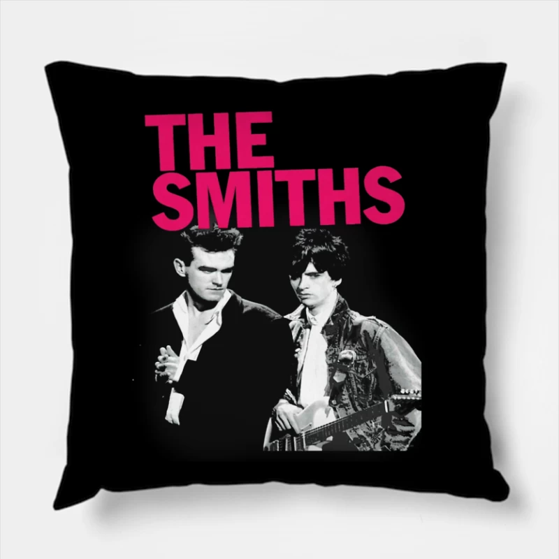 The Smiths: Iconic 1980s Indie Rock Band Portrait with Pink Logo Throw Pillow