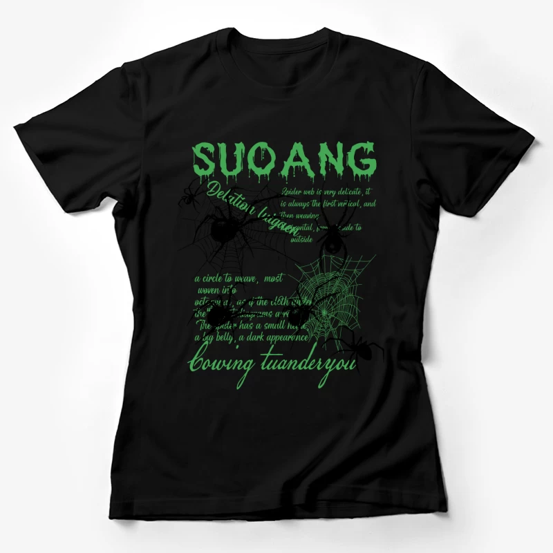 Grüner Spinnennetz-Schriftzug-Design Damen T-Shirt