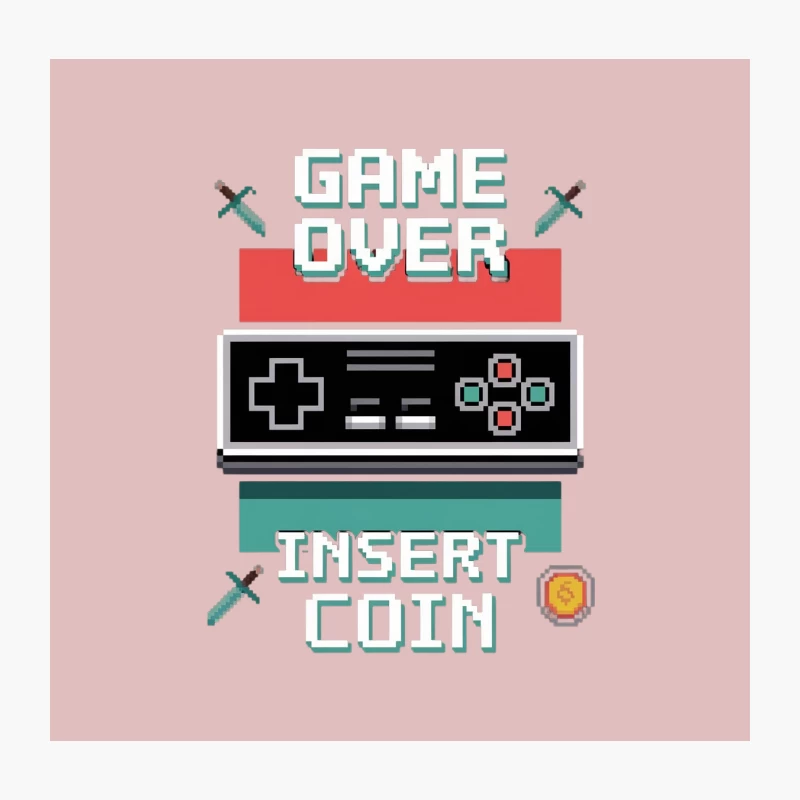 Retro Gaming Controller with Game Over and Insert Coin Text Throw Pillow