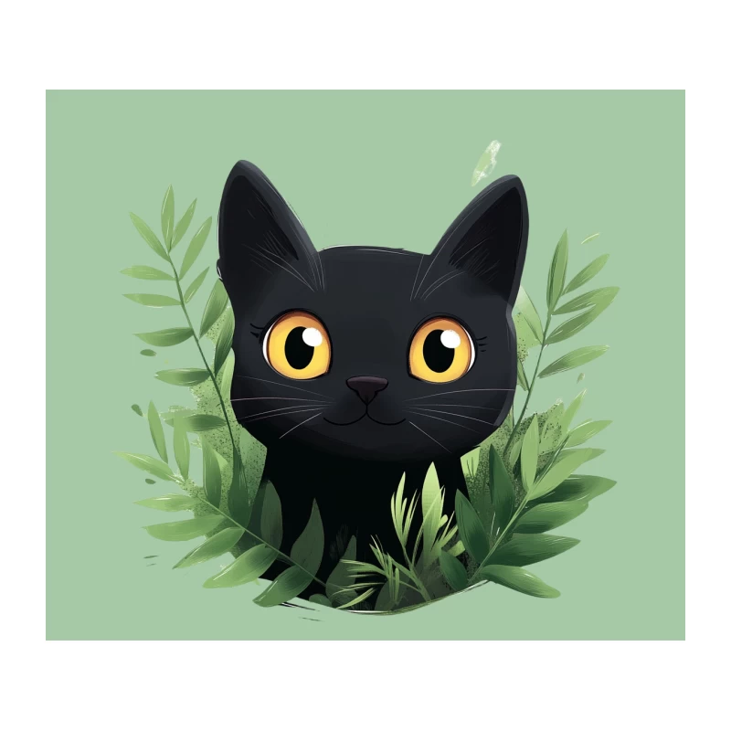 Adorable Black Cat Peering Through Green Leaves in Cartoon Style Tapestry