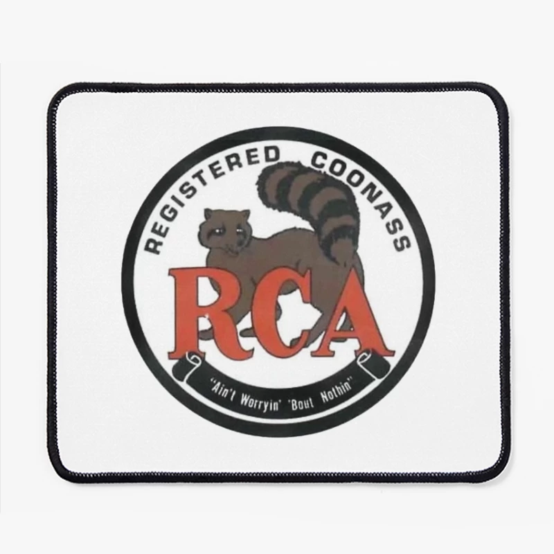 Registered Coonass RCA Logo with Raccoon Mascot and Humorous Slogan Mouse Pad